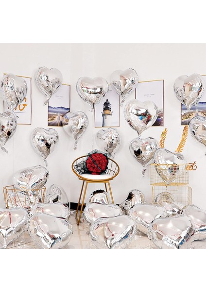 Metalize Parlak Gümüş Kalp Şekilli Uçan Balon Folyo 18 Inç 45 cm 10 Adet (4767)