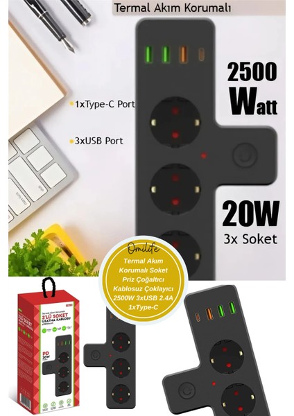 Termal Akım Korumalı Soket Priz Çoğaltıcı Kablosuz Çoklayıcı 2500W 3xusb 2.4A 1xtype-C fiyatları