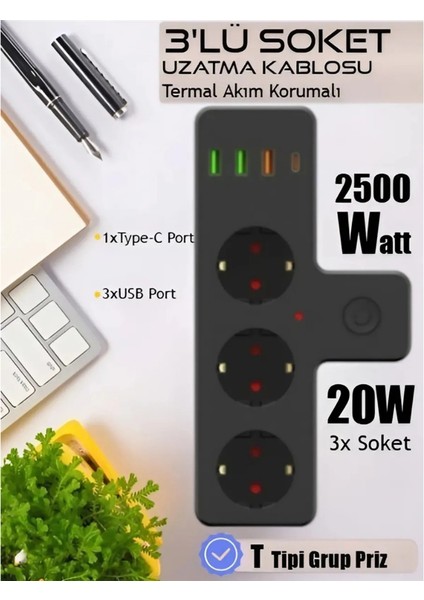Termal Akım Korumalı Soket Priz Çoğaltıcı Kablosuz Çoklayıcı 2500W 3xusb 2.4A 1xtype-C fırsatları