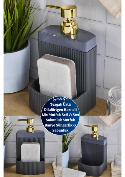 Tezgah Üstü Dikdörtgen Hazneli Lüx Mutfak Seti & Sıvı Sabunluk Mutfak Banyo Süngerlik & Sabunluk