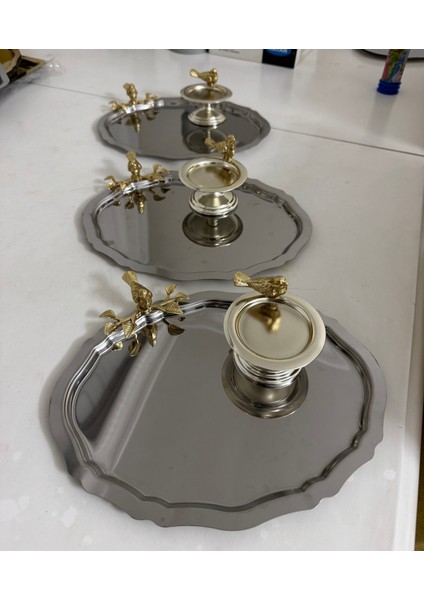 Iki Model 3 Adet Kuşlu Oval Tepsi ve 3 Adet Gümüş Kuşlu Makaronluk