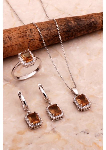 Renk Değiştiren Sultan Taşlı Rodyumlu Baget Gümüş Set 2773