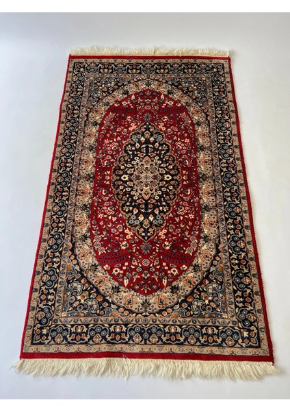 95X158CM Osmanlı Tarzı El Yapımı Çiçek Desenli Kırmızı-Lacivert Vintage Yün Halı, Yatak Odası Için Anatolian Model