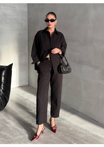 Siyah Merlin Kemerli Gömlek Pantolon Takım