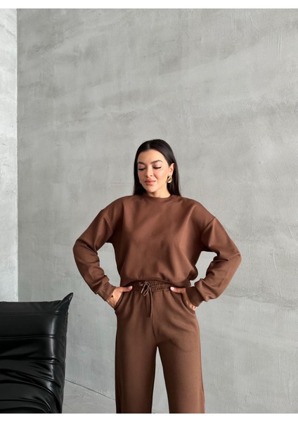 Kahve Sweat Geniş Paçalı Pantolon Takım