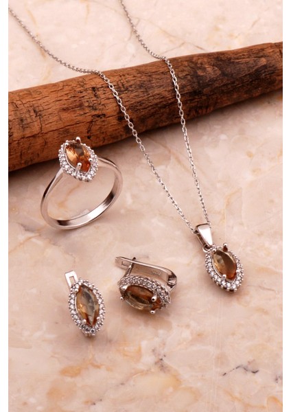 Renk Değiştiren Sultan Taşlı Rodyumlu Mekik Gümüş Set 2774