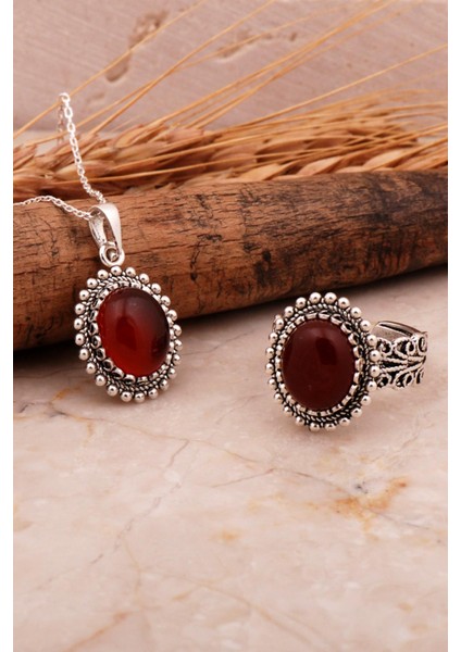 Akik Taşlı Telkari Elişi Oval Gümüş Ikili Set 2756