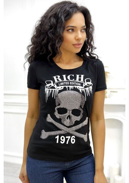 Kurukafa Crystal Taş Baskılı Dar Kesim Kısa Kol Pamuk Rahat Kadın Kırmızı T-Shirt