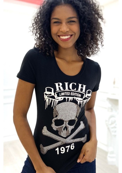 Kurukafa Crystal Taş Baskılı Dar Kesim Kısa Kol Pamuk Rahat Kadın Kırmızı T-Shirt fiyatları
