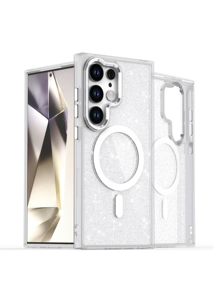 Samsung Galaxy S25 Ultra Kılıf Magsafe Wirelles Şarj Destekli Parlak Renkli Kenar Arkası Simli Taşlı