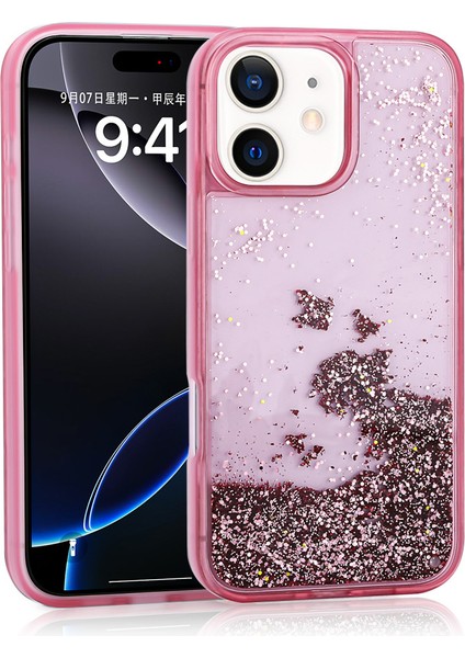 iPhone 12 Uyumlu Kılıf Sıvılı Simli Şeffaf Arka Yüzey Zore Keto Silikon Kapak-Pembe