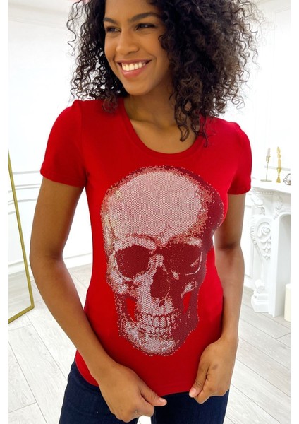 Kırmızı Premium Pamuk Kurukafa Crystal Taşlı Bisiklet Yaka Kısa Kol Kadın T-Shirt
