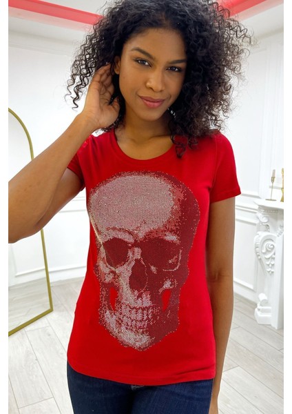 Kırmızı Premium Pamuk Kurukafa Crystal Taşlı Bisiklet Yaka Kısa Kol Kadın T-Shirt fiyatları