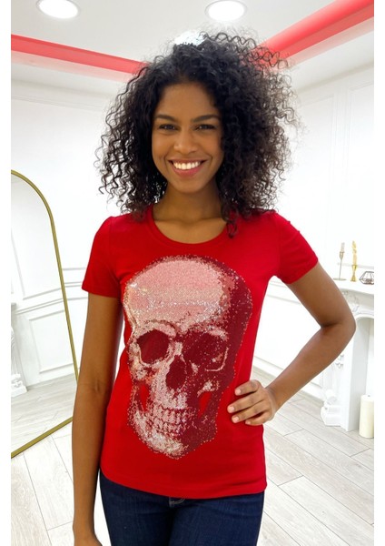 Kırmızı Premium Pamuk Kurukafa Crystal Taşlı Bisiklet Yaka Kısa Kol Kadın T-Shirt modelleri