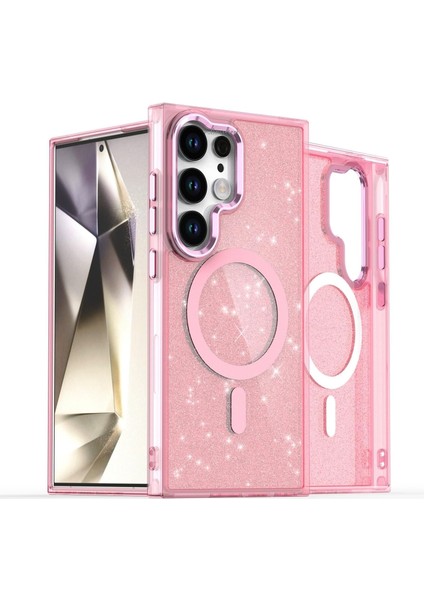 Samsung Galaxy S25 Ultra Kılıf Magsafe Wirelles Şarj Destekli Parlak Renkli Kenar Arkası Simli Taşlı