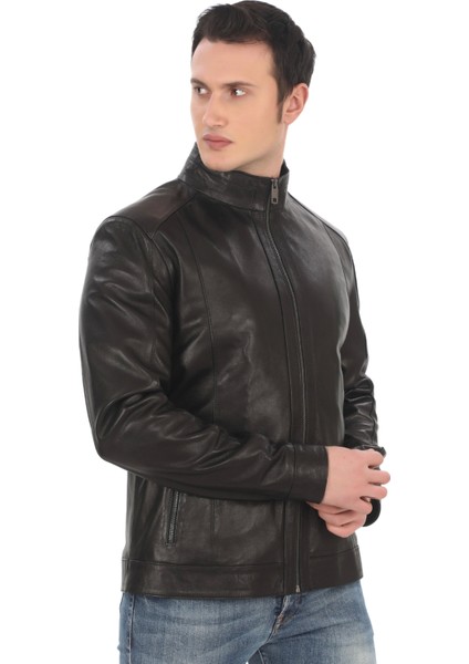 Erkek Mont Slim Fit Siyah Biker Ceket Fermuarlı Dik Yaka Deri Dış Giyim