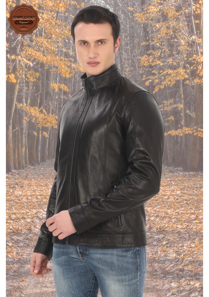 Erkek Mont Slim Fit Siyah Biker Ceket Fermuarlı Dik Yaka Derimont