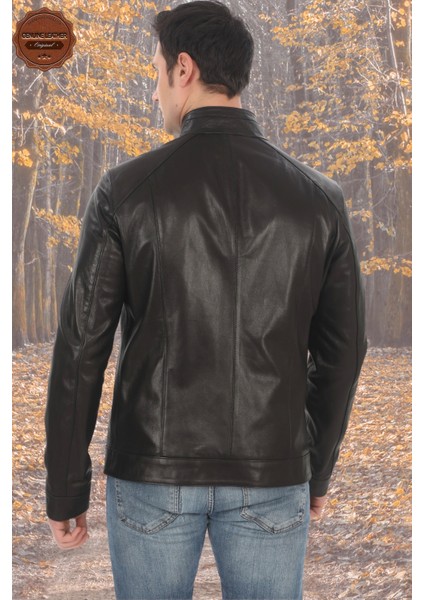 Erkek Mont Slim Fit Siyah Biker Ceket Fermuarlı Dik Yaka Derimont