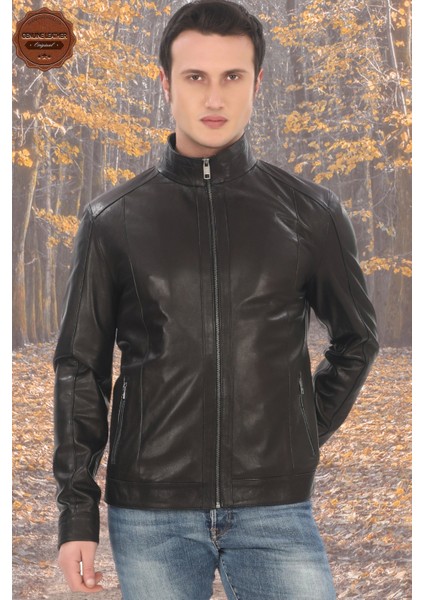 Erkek Mont Slim Fit Siyah Biker Ceket Fermuarlı Dik Yaka Derimont