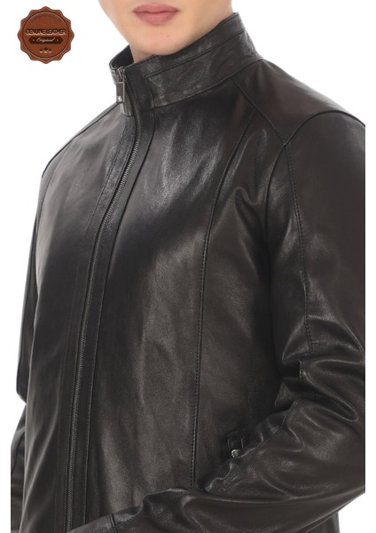 Erkek Mont Slim Fit Siyah Biker Ceket Fermuarlı Dik Yaka Derimont