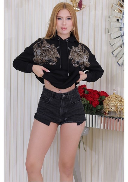 Kapüşonlu Kaplan Crystal Taşlı Büyük Beden Üç Iplik Pamuk Rahat Şık Salaş Siyah Kadın Sweatshirt