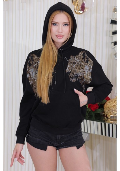 Kapüşonlu Kaplan Crystal Taşlı Büyük Beden Üç Iplik Pamuk Rahat Şık Salaş Siyah Kadın Sweatshirt