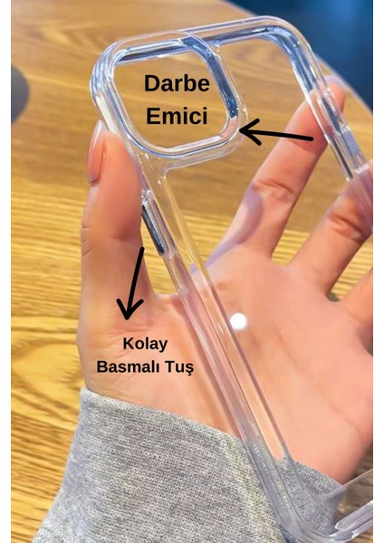 iPhone 16 Pro Max - Parlak Metal Tuşlu Kolay Basmalı Darbe Emici Sağlam Vip Şeffaf Kılıf modelleri