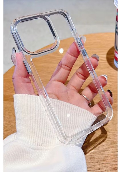 iPhone 12 Pro Max - Parlak Metal Tuşlu Kolay Basmalı Darbe Emici Sağlam Vip Şeffaf Kılıf