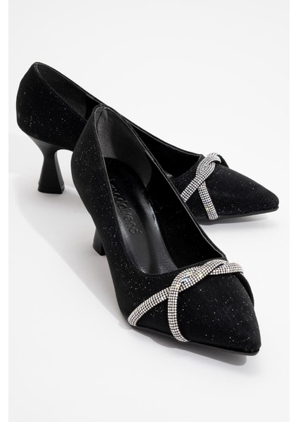 Çapraz Taşlı Kadın Stiletto Ayakkabı Siyah Sim