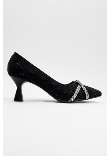 Çapraz Taşlı Kadın Stiletto Ayakkabı Siyah Sim