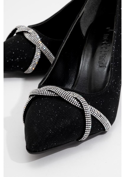 Çapraz Taşlı Kadın Stiletto Ayakkabı Siyah Sim