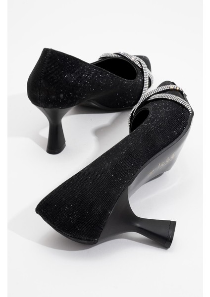 Çapraz Taşlı Kadın Stiletto Ayakkabı Siyah Sim
