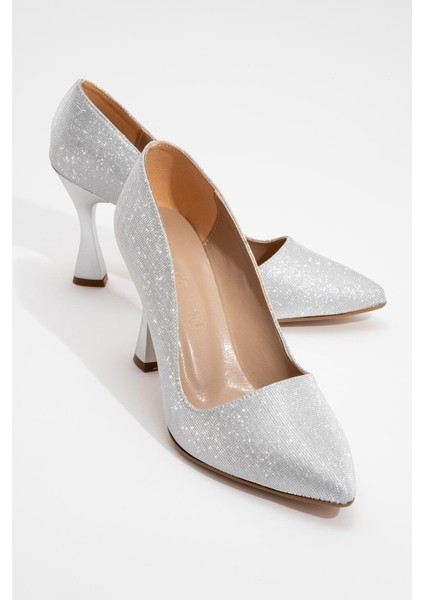 Sivri Burunlu Stiletto Ayakkabı Gümüş Sim