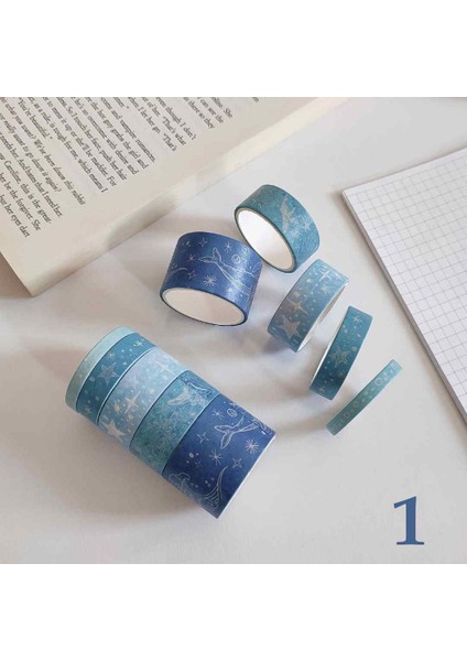 Vintage Washi Tape Bant Baskılı Yapışkanlı Maskeleme Kağıdı, Desenli Bant 10 Lu - Okyanus