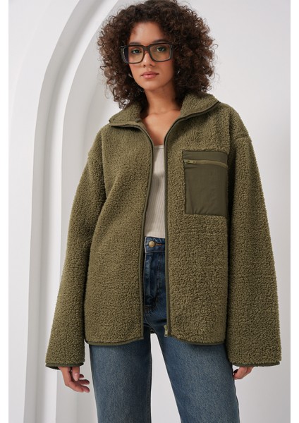 55446 Fermuarlı Oversize Peluş Ceket Mont - Haki