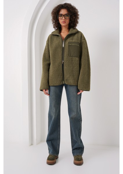 55446 Fermuarlı Oversize Peluş Ceket Mont - Haki fiyatları