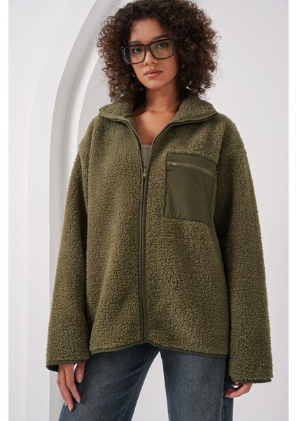 55446 Fermuarlı Oversize Peluş Ceket Mont - Haki indirimleri