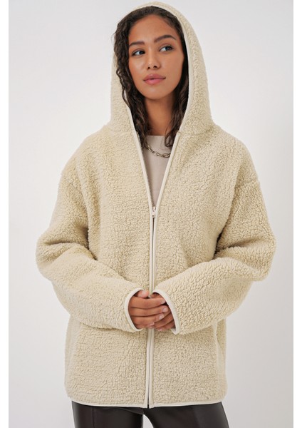 55456 Kadın Kapüşonlu Oversize Peluş Ceket - Ekru