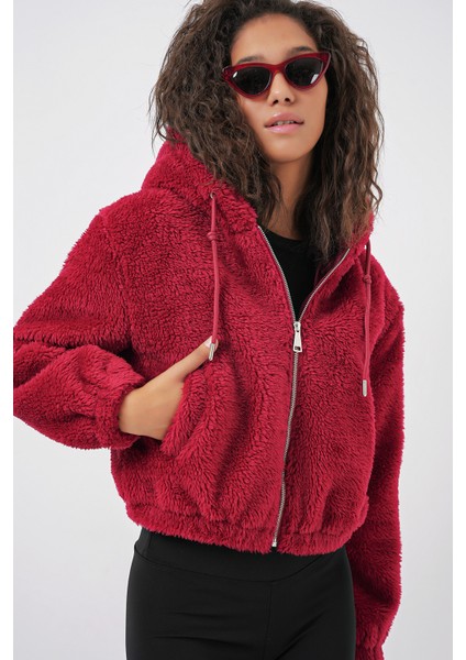 5193 Kapüşonlu Peluş Crop Ceket - Bordo