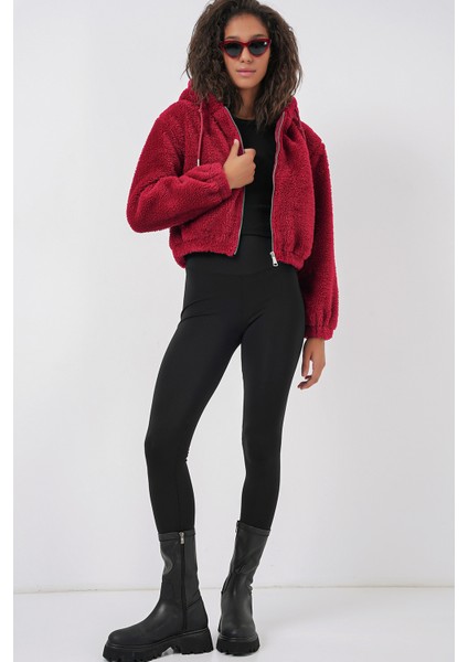 5193 Kapüşonlu Peluş Crop Ceket - Bordo