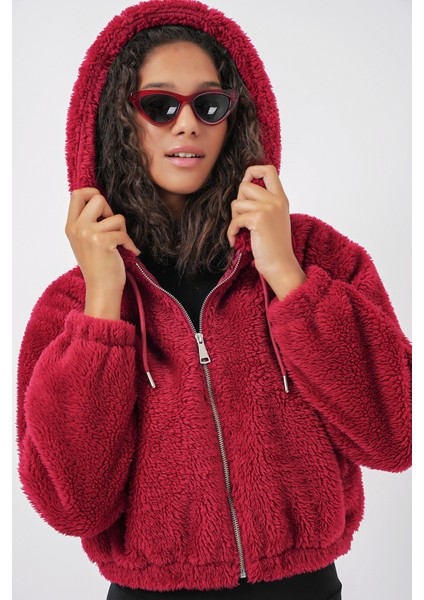 5193 Kapüşonlu Peluş Crop Ceket - Bordo