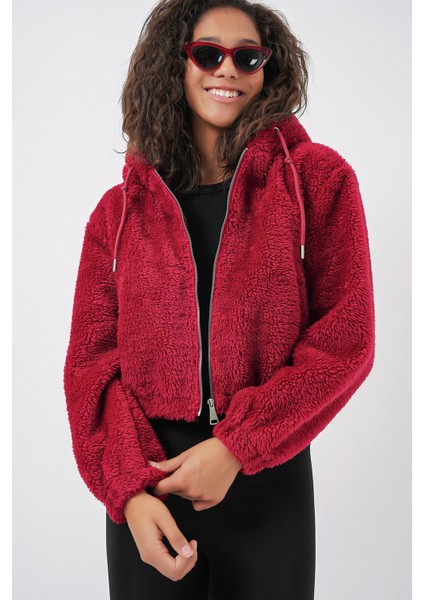 5193 Kapüşonlu Peluş Crop Ceket - Bordo fırsatları