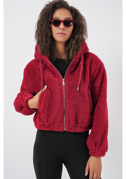 5193 Kapüşonlu Peluş Crop Ceket - Bordo indirimleri