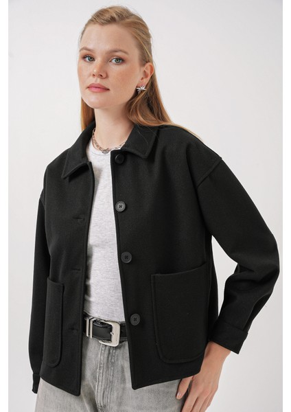 0713 Kadın Kaşe Ceket - Siyah