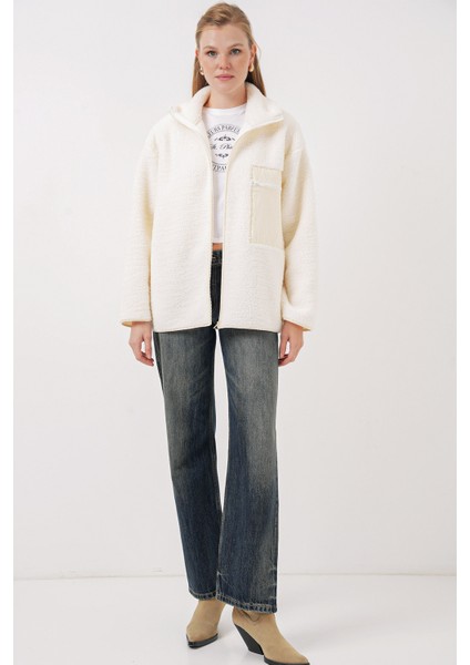 55446 Fermuarlı Oversize Peluş Mont - Bej