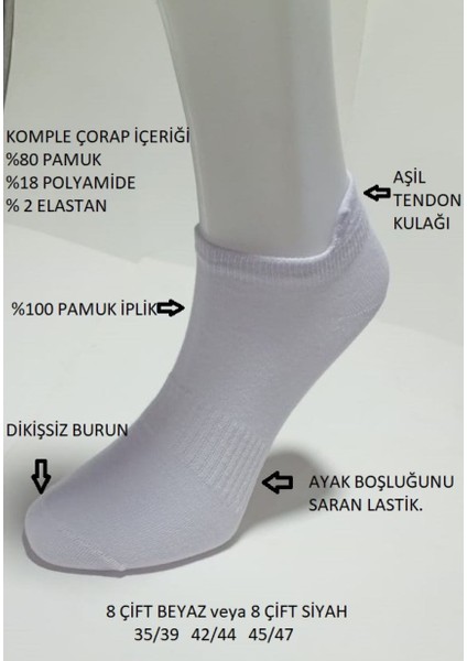 8 Li Paket Aşiltendon Korumalı Penye Dikişsiz Patik Çorap