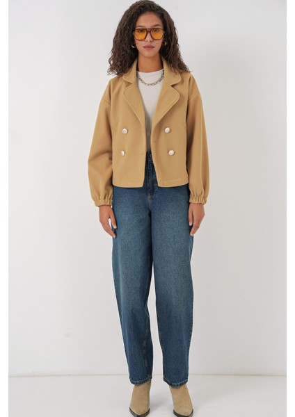 9117 Kruvaze Yaka Crop Ceket - Hardal