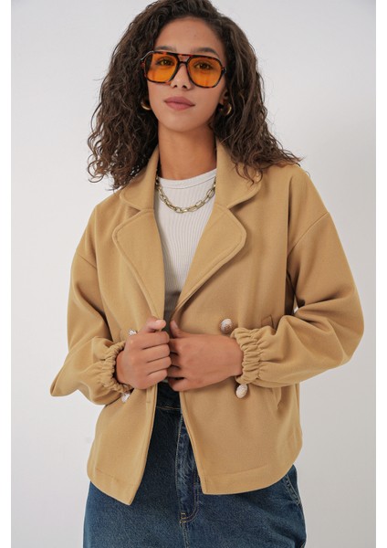9117 Kruvaze Yaka Crop Ceket - Hardal