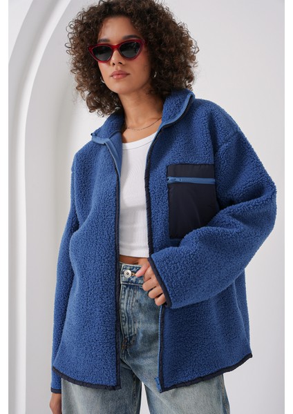 55446 Fermuarlı Oversize Peluş Ceket - Saks modelleri