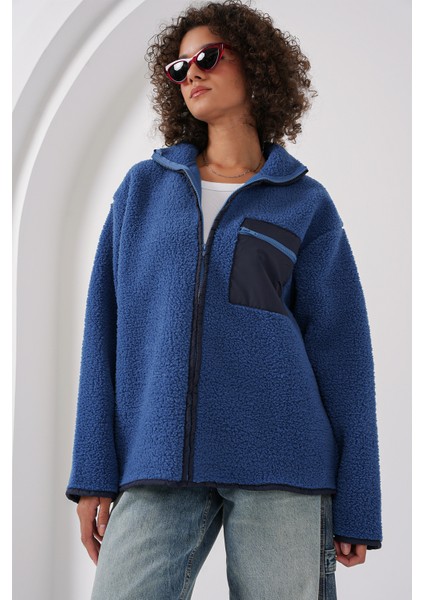 55446 Fermuarlı Oversize Peluş Ceket - Saks fırsatları